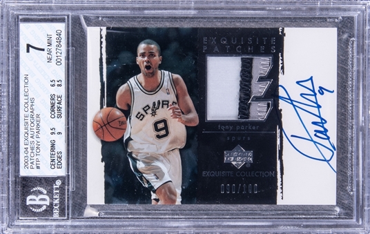 2003-04 UD "Exquisite Collection" Patches Autographs #TP Tony Parker Signed Game Used Patch Card (#090/100) - BGS NM 7/BGS 9